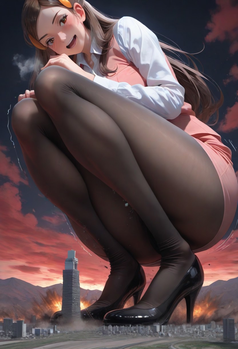 masterpiece, best quality, highres, absurdres, 
1girl, solo, 
giantess, giga size, 
landscape, (from below:0.7), (very wide shot:0.7), city, cityscape, clouds, (cloudscape:0.5), surrounded by clouds, 
destruction, explosion, footprints, debris, impact, impact lines, earthquake, 
smile, blush, tsurime, breath, 
squatting, upskirt, foot focus, foreshortening, debris, looking down, shaking lines, sweat, aroused, open mouth,
(ruins:0.7), (landscape:0.7), (from below:0.7), cityscape, (cloudscape:0.3), destruction, (impact lines:0.5), (explosion:0.3),dark, black sky, red clouds, luminescent, volumetric lighting, backlighting, (3d:0.7), (artist: Yoneyama Mai:0.7) 
olbw, office worker \(pokemon\), office lady, brown eyes, long hair, brown hair, hair ornament, pink vest, white shirt, collared shirt, long sleeves, pink skirt, pencil skirt, black pantyhose, high heels, black footwear,micro tower,mountain,front view,