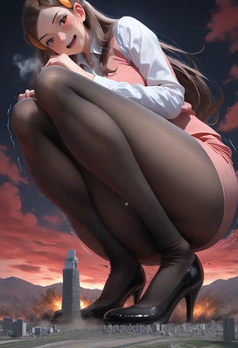 masterpiece, best quality, highres, absurdres,
1girl, solo,
giantess, giga size,
landscape, (from below:0.7), (very wide shot:0.7), city, cityscape, clouds, (cloudscape:0.5), surrounded by clouds,
destruction, explosion, footprints, debris, impact, impact lines, earthquake,
smile, blush, tsurime, breath,
squatting, upskirt, foot focus, foreshortening, debris, looking down, shaking lines, sweat, aroused, open mouth,
(ruins:0.7), (landscape:0.7), (from below:0.7), cityscape, (cloudscape:0.3), destruction, (impact lines:0.5), (explosion:0.3),dark, black sky, red clouds, luminescent, volumetric lighting, backlighting, (3d:0.7), (artist: Yoneyama Mai:0.7)
olbw, office worker \(pokemon\), office lady, brown eyes, long hair, brown hair, hair ornament, pink vest, white shirt, collared shirt, long sleeves, pink skirt, pencil skirt, black pantyhose, high heels, black footwear,micro tower,mountain,front view,