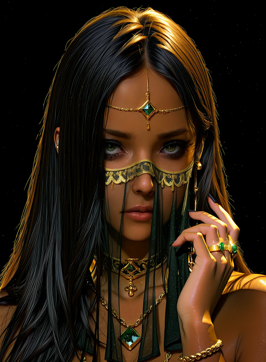 embedding:lazypos, hyper realistic, 8K, UHD, studio lighting, deep dark background, 1girl, 18yo, face portrait, godess, arabian princess, tan/dark skin, black hair:1.5, gold chain, gold forehead chain jewelry, kohl eyeliner, almond shaped eyes, earings, gold jewelry, dark green eyes, expression serious, detailled skin, perfect skin, see-through mouth veil, detailled eyes, looking at viewer, facing towards the right, hand comb hair, fingers rings gold emerald on ring finger, long nail, <lora:Sinozick_style-:0.6000000000000001> <lora:Dramatic_Lighting_Slider:0.30000000000000004> <lora:PowerPuffMixLora_(2):0.6000000000000001> <lora:DetailedEyes_V3:0.6000000000000001> <lora:Racethnicity2.35-Ill-000007:0.8000000000000002> <lora:AddMicroDetails_Illustrious_v3:0.5000000000000001> <lora:plaijful:0.7000000000000002>