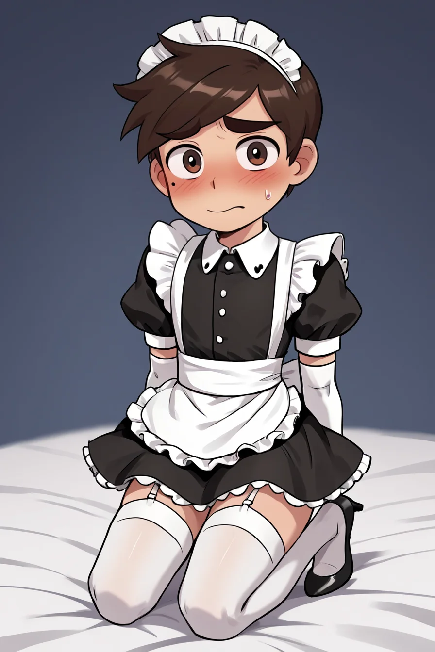 score 6 up,score 7 up, score 8 up,score 9,blush,short sleeves,looking at viewer, <lora:marco_diaz:0.7>,marco diaz,brown hair,mole under left eye,short hair,solo,thick eyebrows,<lora:Lucyla_Art_Style:0.4>,male focus,maid headdress,maid uniform,,embarrassed,black heels,white elbow gloves, white stockings