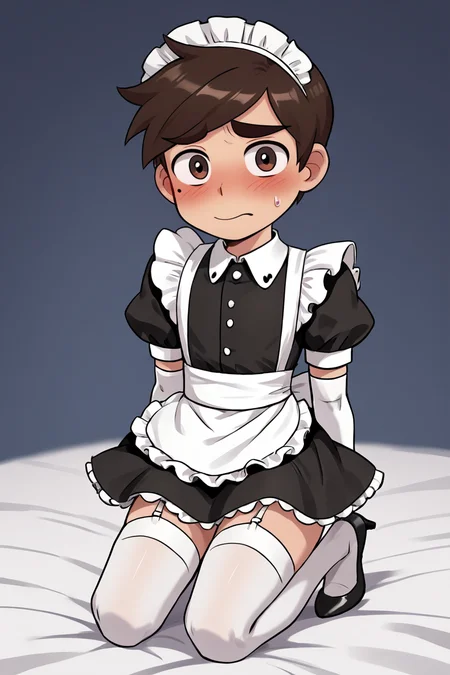 score 6 up,score 7 up, score 8 up,score 9,blush,short sleeves,looking at viewer,  <lora:marco_diaz:0.7>,marco diaz,brown hair,mole under left eye,short hair,solo,thick eyebrows,<lora:Lucyla_Art_Style:0.4>,male focus,maid headdress,maid uniform,,embarrassed,black heels,white elbow gloves, white stockings