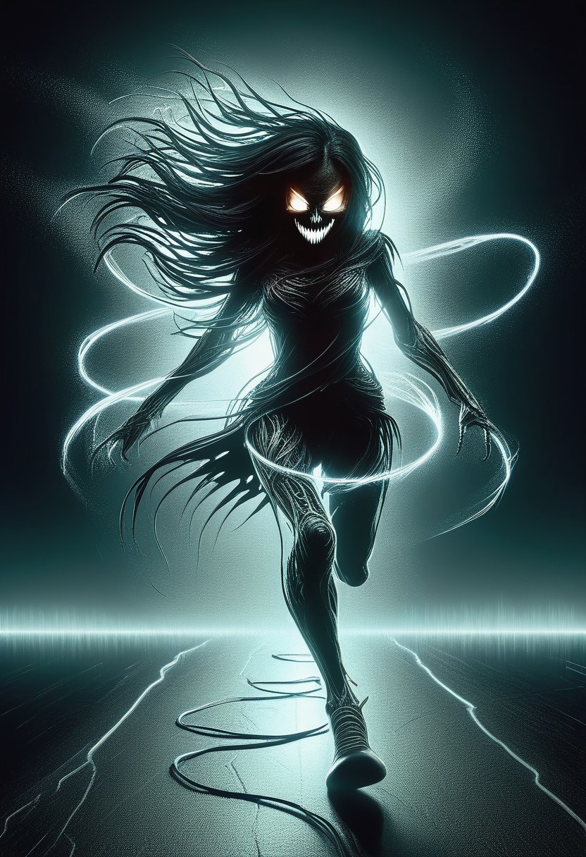 a girl running thowards the viewer, she's evil with glowing eyes, and open mouth, strong legs, partially dissolving, windy day, 
lightlora,made from light,light,light particles,glowing, DonM3v1lM4dn355XL