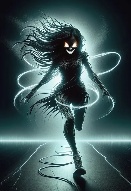 a girl running thowards the viewer, she's evil with glowing eyes, and open mouth, strong legs, partially dissolving, windy day,
lightlora,made from light,light,light particles,glowing, DonM3v1lM4dn355XL