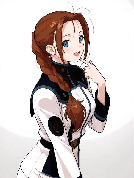 masterpiece,best quality,newest,
anime screencap,1girl,solo,
<lora:Livi_Donen_ilxl_v1.2:1>,Livi,antenna hair,brown hair,blue eyes,single braid,L_clothes,pencil_skirt,
<lora:Fixhands_anime_bdsqlsz_V1:1>,dynamic_angle,cinematic_angle,cowboy_shot,white_background,simple_background,looking_at_viewer,open mouth,smile,finger to own chin,
