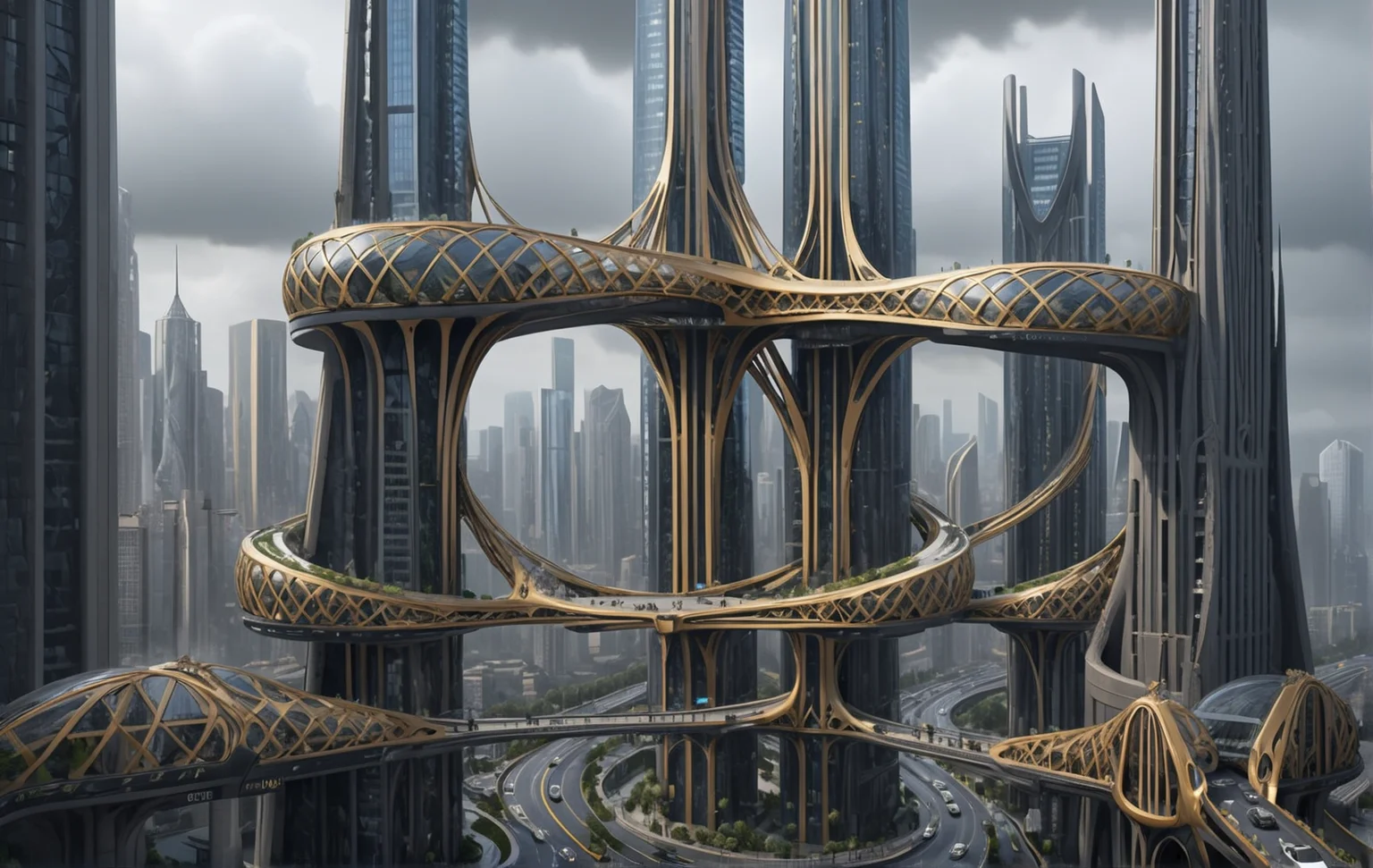 bridcity, create a futuristic city with an infinite number of bridges connecting an infinite number of skyscrapers, hde, bridges between buildings, bridge's buildings, street, sign, floor lamp, ground vehicles, car, crowded, city ââlandscape, very intricate buildings, neo gothic skyscraper, very high bridge, black and gold tones, dark atmosperen, cloudy, rainy, 8k masterpiece, intricate details, deep of fields <lora:Bridges-city:1> <lora:Add_Details_v1.2:1.9> <lora:jianzhu:1> <lora:AARG_aerial:1> <lora:City_Worlds_01_Effects:1.4> <lora:EnvyElvishArchitectureXL01:1.9> <lora:lora-oop.000009.TA_trained (1):1.3> <lora:PAseerCloudV1:1> <lora:Sci-fi_env_flux:1.4>