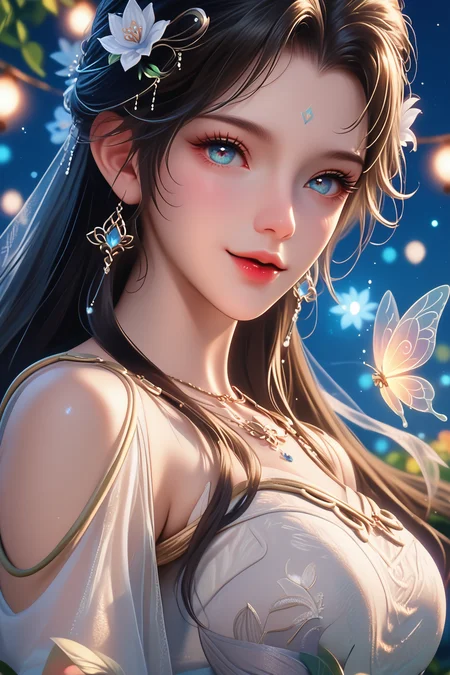 score_9,score_8_up,score_7_up,
<lora:QingYi_Pony:0.9>,
qingyi, 1girl, magical garden, blooming flowers, whimsical fairy lights, enchanting smile, vibrant colors, beautifully arranged, high-resolution imagery, perfect for an eye-catching background.
