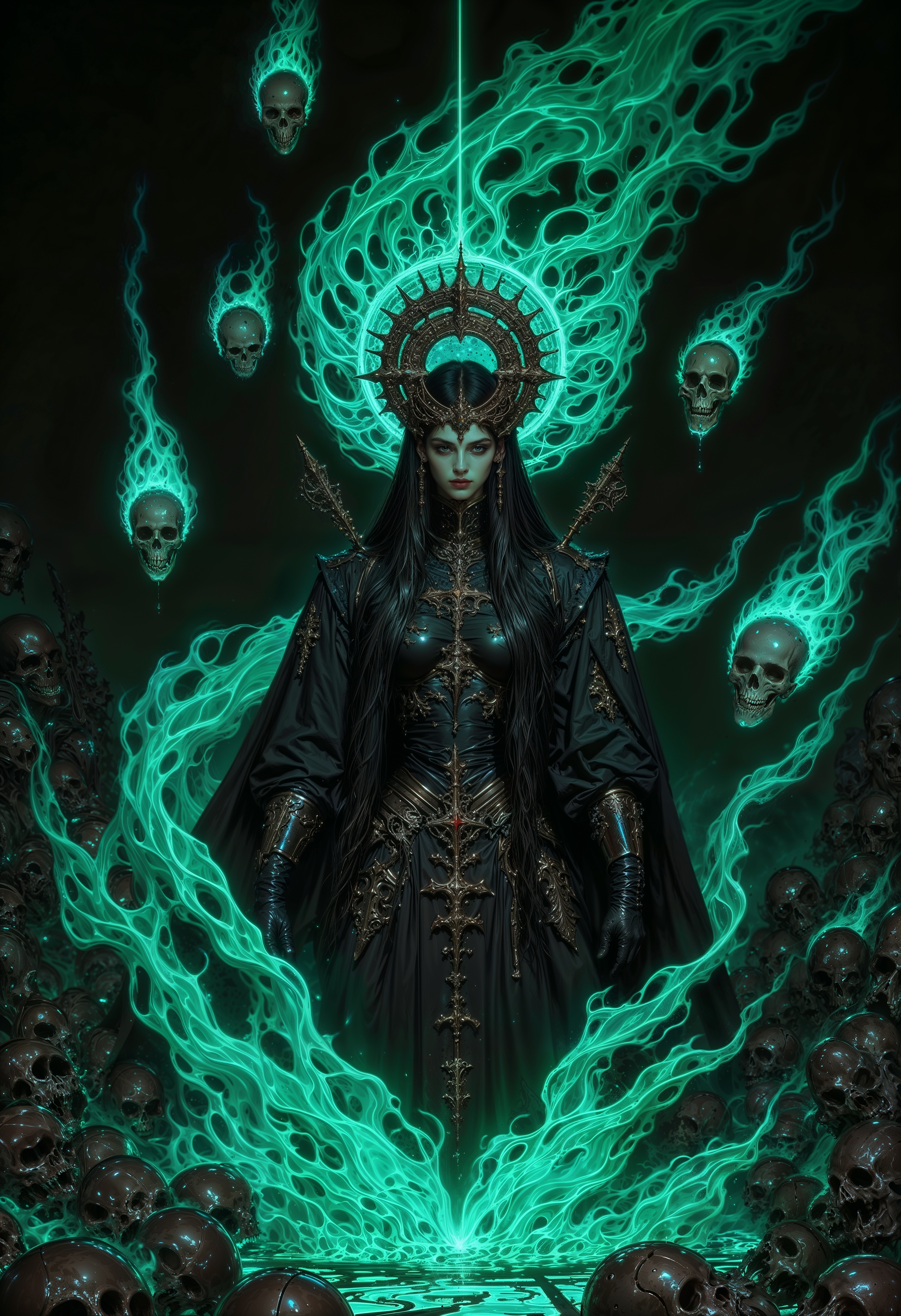 a mystical female figure at the center. She has a pale complexion and striking facial features, with long, flowing dark hair that blends into ethereal, turquoise flames surrounding her. Her attire is an elaborate, dark, gothic-style gown adorned with intricate patterns and metallic elements. The background is dark, enhancing the luminous effect of the turquoise flames. Surrounding her are several floating, glowing skulls, each enveloped in the same turquoise flame, adding to the mystical and otherworldly atmosphere. The overall composition is dynamic, with swirling flames and a sense of movement, creating a dramatic and enchanting visual effect.  <lora:flux.1_lora_flyway_Epic-detail_v2:0.85> <lora:FluxMythAn1meL1nes:0.8> <lora:MoriiMee_Gothic_Niji_Style__FLUX_LoRA_Test_2:0.65>