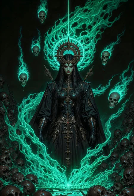 a mystical female figure at the center. She has a pale complexion and striking facial features, with long, flowing dark hair that blends into ethereal, turquoise flames surrounding her. Her attire is an elaborate, dark, gothic-style gown adorned with intricate patterns and metallic elements. The background is dark, enhancing the luminous effect of the turquoise flames. Surrounding her are several floating, glowing skulls, each enveloped in the same turquoise flame, adding to the mystical and otherworldly atmosphere. The overall composition is dynamic, with swirling flames and a sense of movement, creating a dramatic and enchanting visual effect. <lora:flux.1_lora_flyway_Epic-detail_v2:0.85> <lora:FluxMythAn1meL1nes:0.8> <lora:MoriiMee_Gothic_Niji_Style__FLUX_LoRA_Test_2:0.65>