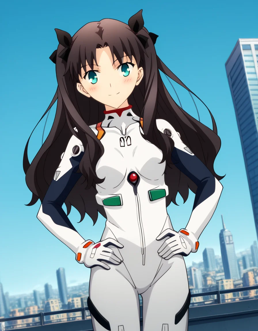 score_9, score_8_up, score_7_up, source_anime, rintohsaka, <lora:rin-tohsaka-ubw-ponyxl-lora-nochekaiser:1>, rin tohsaka, aqua eyes, black hair, hair ribbon, long hair, ribbon, sidelocks, two side up, parted bangs,, <lora:rei-ayanami-cosplay-ponyxl-lora-nochekaiser:1>, reiayanamicosplay, ayanami rei \(cosplay\), bodysuit, headgear, plugsuit, white bodysuit,, outdoors, cityscape, smile, blush, hands on hips,, cowboy shot, dutch angle, solo,