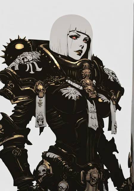 upper body,limited color palette,lineart,vector,
edgAdepta, 1girl, solo,bob cut, weapon, white hair,one handed sword, lips, gauntlets, skull ,wearing edgAdepta,power armor,pauldrons,skull emblem, <lora:edgIllustriousXLAdeptaSororitas:0.85>
very aesthetic, masterpiece, best quality, very aesthetic, highres, absurdres, sensitive
<lora:edgIllustriousXL_Flatstylelr:1>