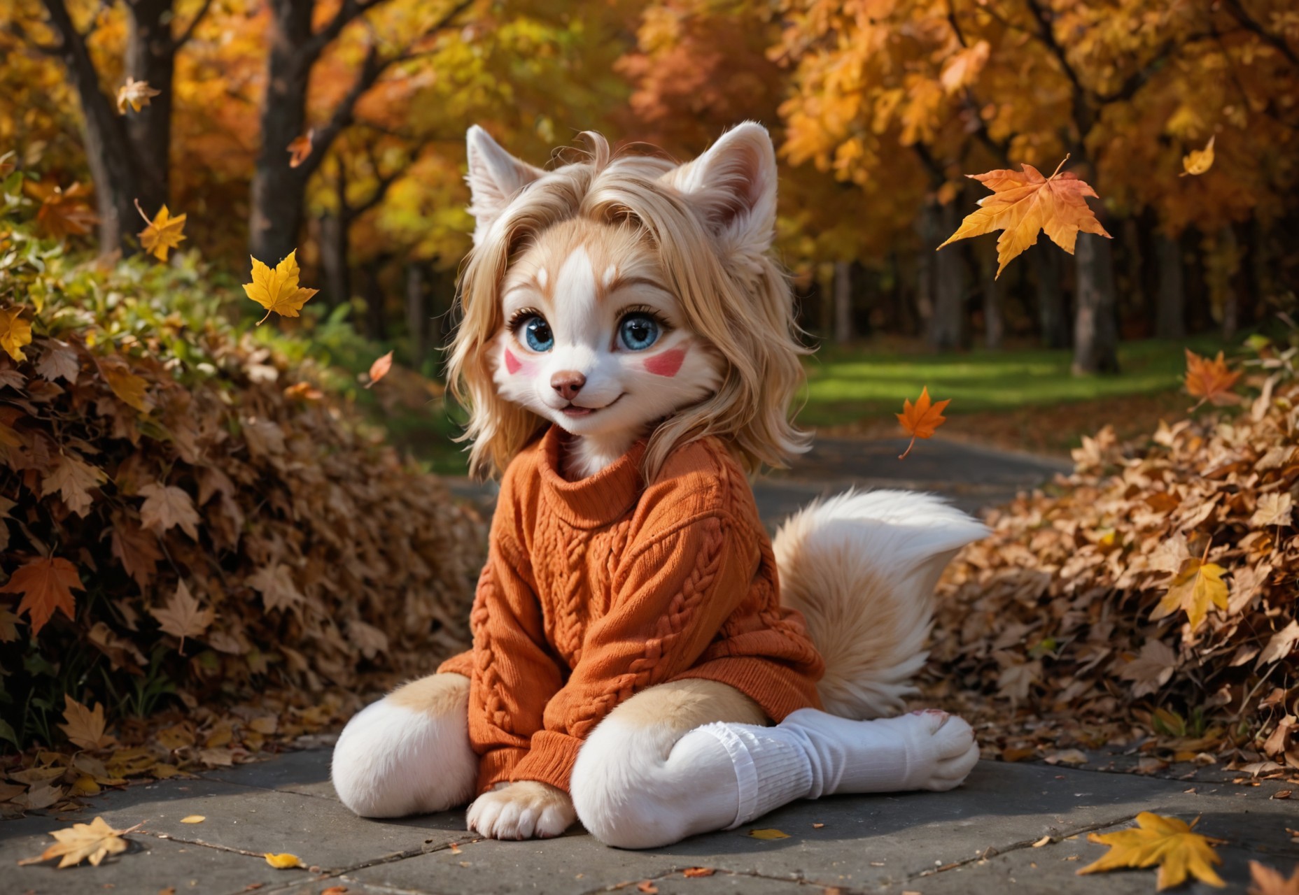  score_9, score_8_up, score_7_up, score_6_up, high res, detailed background, detailed face, detailed mouth, high detail, detailed fur, furry, fluffy, masterpiece, best quality, amazing quality, 
kalei ,white skin,
1girl, solo, anthro, long yellow hair, large bushy yellow tail, white fur, white limbs, digitigrade legs, , blue eyes, (child, kid)
in an oversized knitted sweater kneels in a pile of golden autumn leaves, her hands full of crimson maple leaves. Her cheeks are dusted with a soft blush, and her hair is adorned with a tiny acorn hairpin. She giggles as a breeze sends leaves swirling around her, one caught playfully in her tousled hair. A thermos of hot cocoa sits forgotten beside her, steam long gone, while sunlight filters through orange-tinted trees behind her,
1girl, autumn_leaves, fluffy_sweater, blush, sparkling_eyes, hairpin, kneehighs, fallen_leaves, smiling, wind_blown_hair, moe, cozy, outdoors, innocent_expression, cheek_marks, leaf_pile, thermos, rustic_aesthetic
, <lora:dreamkeepers_kalei_illus:1>,,fluffy