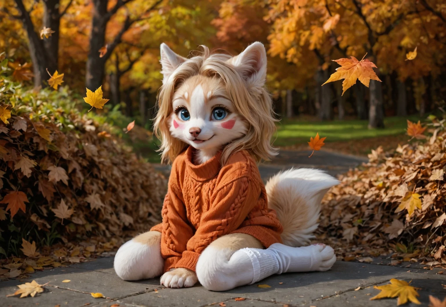 score_9, score_8_up, score_7_up, score_6_up, high res, detailed background, detailed face, detailed mouth, high detail, detailed fur, furry, fluffy, masterpiece, best quality, amazing quality,
kalei ,white skin,
1girl, solo, anthro, long yellow hair, large bushy yellow tail, white fur, white limbs, digitigrade legs, , blue eyes, (child, kid)
in an oversized knitted sweater kneels in a pile of golden autumn leaves, her hands full of crimson maple leaves. Her cheeks are dusted with a soft blush, and her hair is adorned with a tiny acorn hairpin. She giggles as a breeze sends leaves swirling around her, one caught playfully in her tousled hair. A thermos of hot cocoa sits forgotten beside her, steam long gone, while sunlight filters through orange-tinted trees behind her,
1girl, autumn_leaves, fluffy_sweater, blush, sparkling_eyes, hairpin, kneehighs, fallen_leaves, smiling, wind_blown_hair, moe, cozy, outdoors, innocent_expression, cheek_marks, leaf_pile, thermos, rustic_aesthetic
, <lora:dreamkeepers_kalei_illus:1>,,fluffy