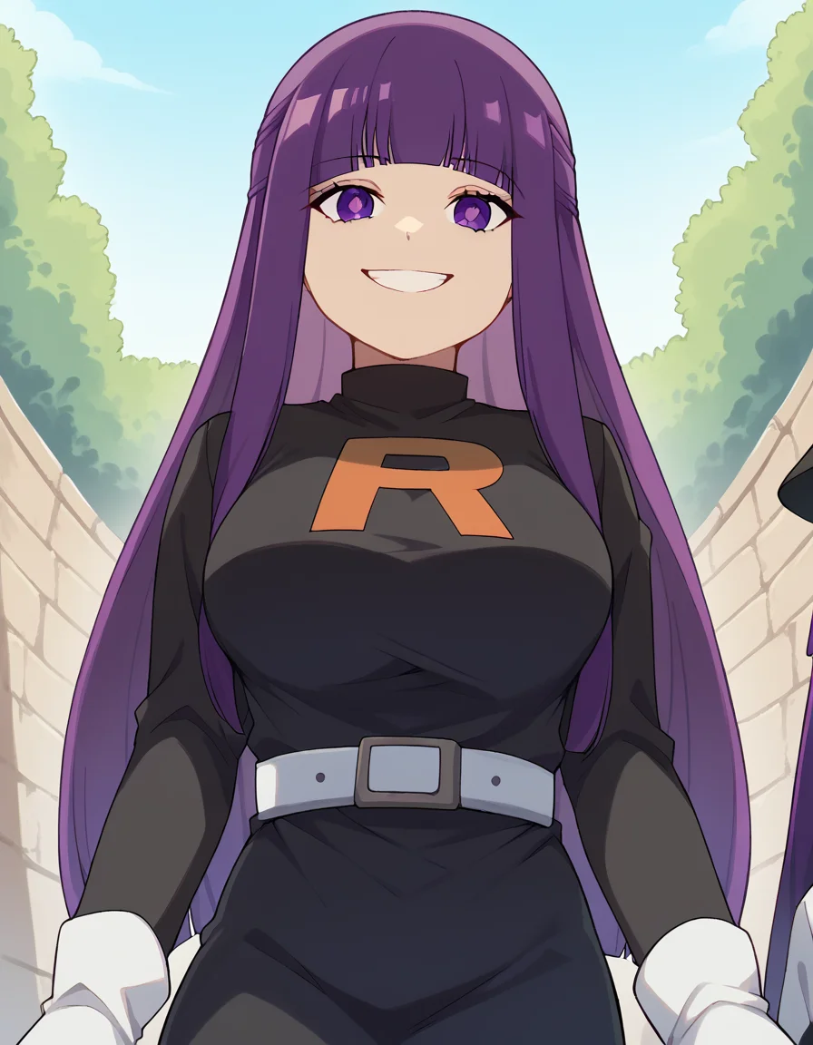 score_9, score_8_up, score_7_up, source_anime, <lora:fern-s1-ponyxl-lora-nochekaiser:1>, fern, long hair, bangs, purple eyes, purple hair, sidelocks, blunt bangs, bright pupils, half updo, large breasts, <lora:team-rocket-uniform-ponyxl-lora-nochekaiser:1>, team rocket uniform, black hat, black shirt, black skirt, white belt, white gloves, single letter,, smile, smug, v, outdoors,, cowboy shot, dutch angle, looking at viewer,
