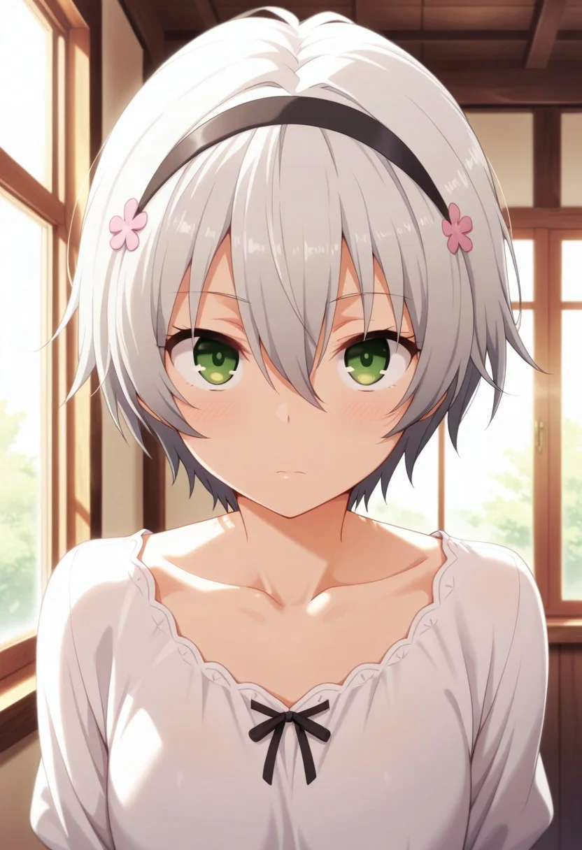 masterpiece,best quality,amazing quality, kurogane shizuku, short hair, green eyes, silver hair, 1girl, solo, hairband, window, indoors, black hairband, hair ornament, hair flower, looking at viewer, flower, hair between eyes, collarbone