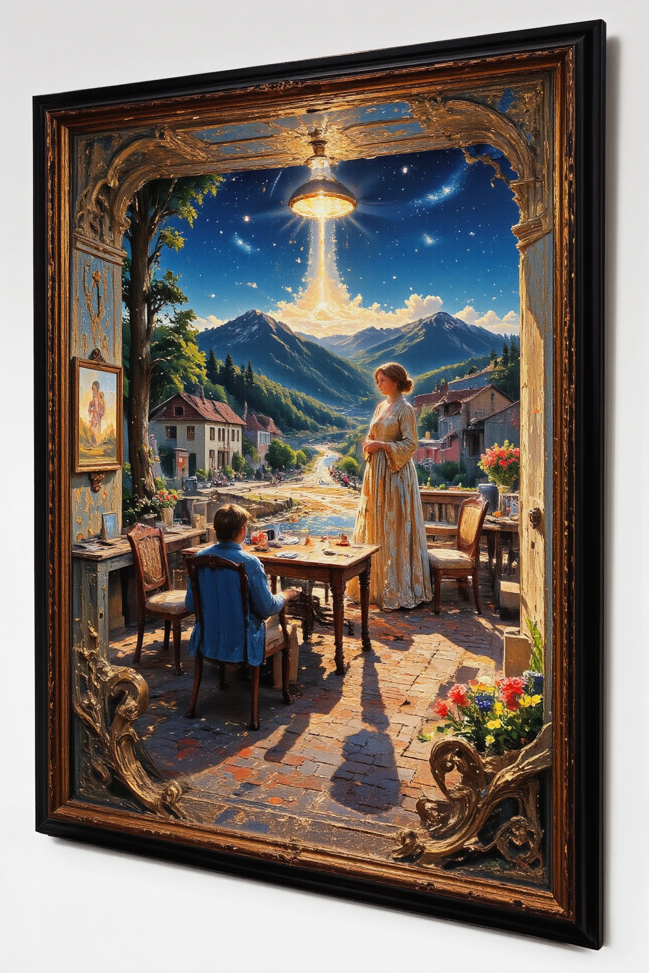 (restaurant) Austrian bright luminous night, beautiful landscape, woman, intricate, very detailed, sharp, colorful, multilayer surreal painting, <lora:Hand v2:1> <lora:Anti-Blur:1> <lora:Insane Detail Slider:0.5>   <lora:Flux.1_Turbo_Detailer:0.6> <lora:flux-photo-transparent_Alpha_1.0:0.8> <lora:flux.1_lora_flyway_Epic-detail_v2:0.6> <lora:Painterly01b_CE_FLUX_AIT:1> pntrlyCE_style, <lora:VividlySurreal:0.8>