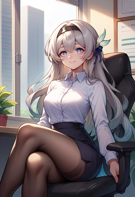 score_9, score_8_up, source_anime, 1girl, solo, FireflyHSR, blue pupils, long hair, black hairband, hair ornament, indoors, office lady, office chair, sitting, crossed legs, miniskirt, black pantyhose, dress shirt, smile, <lora:ChamFireflyV2PonyXL:1>