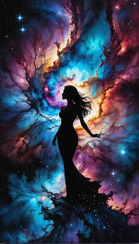 Silhouette Art, hyperrealistic art breathtaking a lineart (nebula alcohol ink sketch). [magnificent, shiny, intriguing weirdness, faetastic extravaganza, mystery of darkness, unusual natural aesthetics, glossy].
award-winning, professional, highly detailed . extremely high-resolution details, photographic, realism pushed to extreme, fine texture, incredibly lifelike, high contrast, well defined, Silhouette Art.
<lora:InkArtXL_1.2:0.4>   <lora:FaeTastic:0.3>  close view