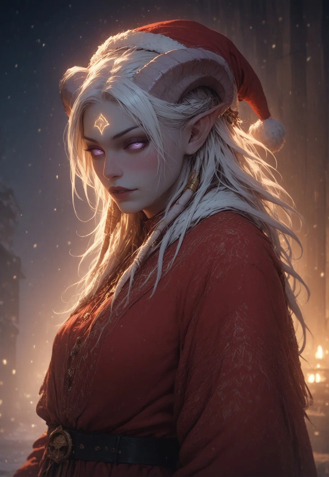 (absurdres, best quality, masterpiece:1.4), score_9, score_8_up, score_7_up, score_6_up, detailed, detailed body, detailed face, world of warcraft, fantasy, <lora:add-detail-xl:1.5>,
fFaceDetail, ((female, draenei, tall, athletic arms, pale white skin, long white hair, purple eyes, no sclera, long white tail), (h0rns, ram horns, white horns),
(long fingers, gold fingernails, gold nail polish)),
alone, upper body, standing, looking toward viewer, soft smile, holding a present towards the viewer,
Red santa dress with a white fur trim, red santa hat with a white fur trim, black belt with a gold buckle,
depth of field, evening, outdoor, harbour, snowing, light snow