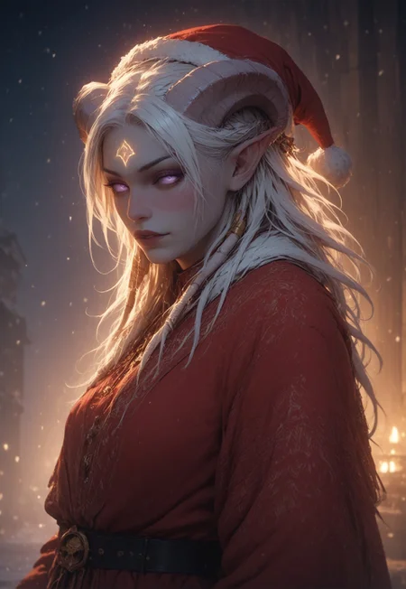 (absurdres, best quality, masterpiece:1.4), score_9, score_8_up, score_7_up, score_6_up, detailed, detailed body, detailed face, world of warcraft, fantasy, <lora:add-detail-xl:1.5>, 

fFaceDetail, ((female, draenei, tall, athletic arms, pale white skin, long white hair, purple eyes, no sclera, long white tail), (h0rns, ram horns, white horns), 
(long fingers, gold fingernails, gold nail polish)), 

alone, upper body, standing, looking toward viewer, soft smile, holding a present towards the viewer, 

Red santa dress with a white fur trim, red santa hat with a white fur trim, black belt with a gold buckle,

depth of field, evening, outdoor, harbour, snowing, light snow