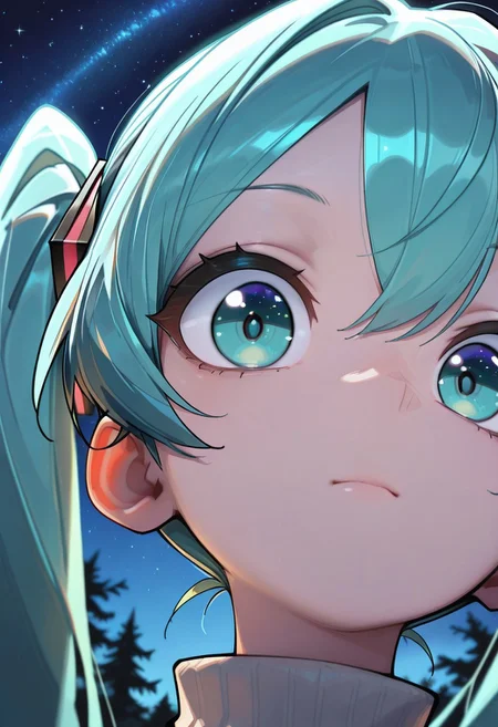 masterpiece, best quality, very aesthetic, high resolution, ultra-detailed, absurdres, newest, detailed eyes, beautiful, perfect lighting, hi res, amazing quality, very awa, painting_(artwork), dynamic lighting, dynamic angle, dynamic pose, cinematic, CuteToon_ST, 1girl, hatsune miku, close-up, star (sky), starry sky, night sky, looking at viewer, twintails, eye focus, bangs, aqua hair, closed mouth, long hair, outdoors, aqua eyes, portrait, eyelashes, reflection, tree, expressionless, hair between eyesturtleneck, closed mouth, shiny, turtleneck sweater