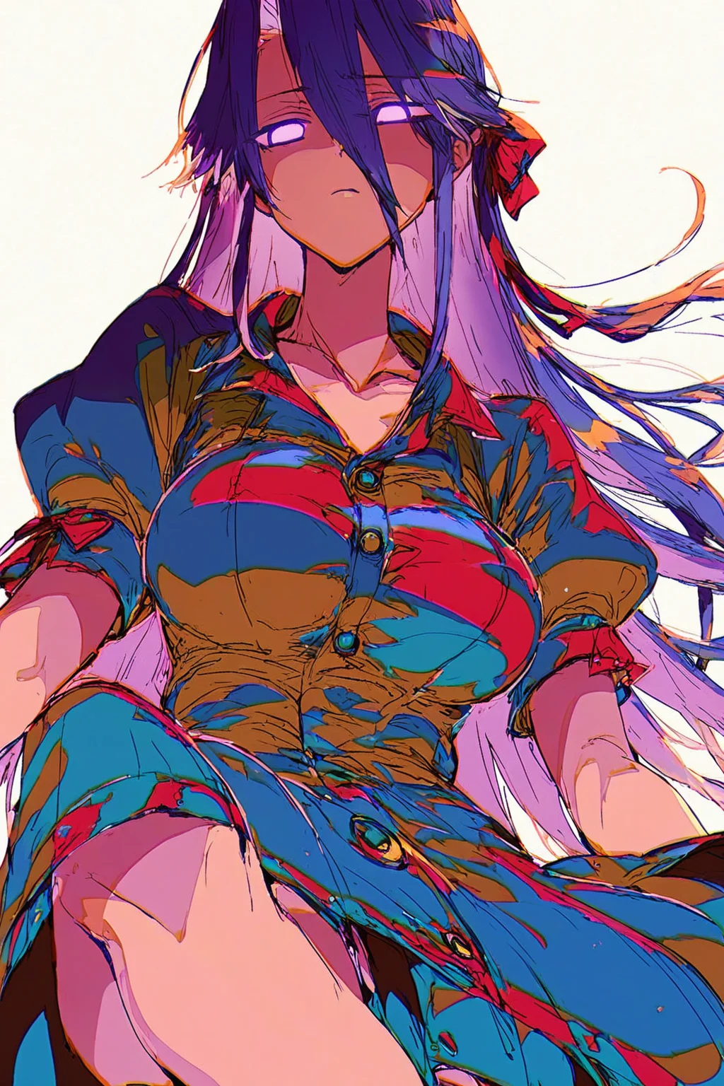 score_9, score_8_up, score_7_up, matou sakura, breasts, buttons, collarbone, collared dress, dress, empty eyes, hair between eyes, hair ribbon, half updo, large breasts, long hair, official style, puffy short sleeves, puffy sleeves, purple eyes, purple hair, red ribbon, ribbon, short sleeves, solo, solo focus, cowboy shot, white background, Sitting with legs extended and arms reaching forward, <lora:mizucx:1.8>