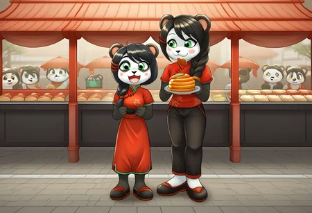 zPDXLxxx, YayaPandaPXL, furry,furry female, animal ears, green eyes, braid, black hair, panda ears, hair over shoulder, hair ornament, animal nose, blush, blush stickers, happy, simple chinese red dress, joyful, black chinese pants, black chinese shoes, eating chinese street food, china street market night background, cheerful, happy customers, chinese night food market, chinese nightlife, crowded streets,