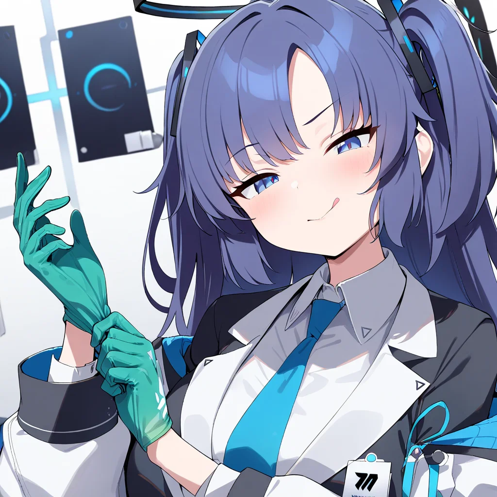 1girl,yuuka \(blue archive\),adjusting gloves,gloves,:q,green gloves,licking lips,masterpiece, best quality, very aesthetic, absurdres , <lora:adjusting glove XL-v1:1>
