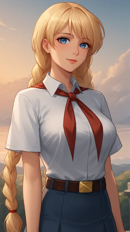 score_9, score_8_up, score_7_up,
best quality, masterpiece, ultra detailed,
<lora:Expressive_H:1>, light smile, blush, lips, beautiful eyes, beautiful hair, young woman,
looking at the viewer, portrait,
<lora:Everlasting_Summer_Slavya_by_GraffMetal:0.8>, slavya, blonde hair, very long hair, long hair, twin braids, blue eyes, only 2 braids, large breasts:0.6,
white collared shirt, short sleeves, red neckerchief, neckerchief, belt, blue skirt,
amazing background, outdoors, sunset, clouds, sky,