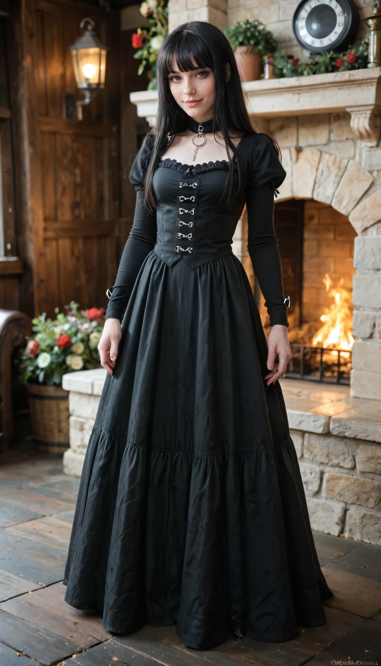 score_9, score_8_up, score_7_up, Raw Photo, Full Body Shot, girl, gothic, cute, seductive, innocent, light smile:0.3, plump lips, slender body, pale skin, long straight black hair, bangs, black goth dress, medieval theme, fire in the fireplace background, depth of field, dynamic angle, photo realistic:1.4, realistic skin:1.4, fashion photography, sharp, analog film grain, hyperdetailed:1.15