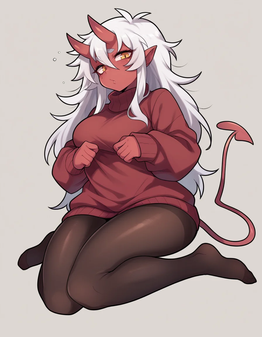 zPDXL, score_9, score_8_up, score_7_up, score_6_up, score_5_up, score_4_up, 1girl, solo,
<lora:bagelbomb:0.8> bglbmb, red skin, demon girl, oni horns, demon tail, white hair, freckles, long hair, sweater dress, pantyhose, no shoes, messy hair,