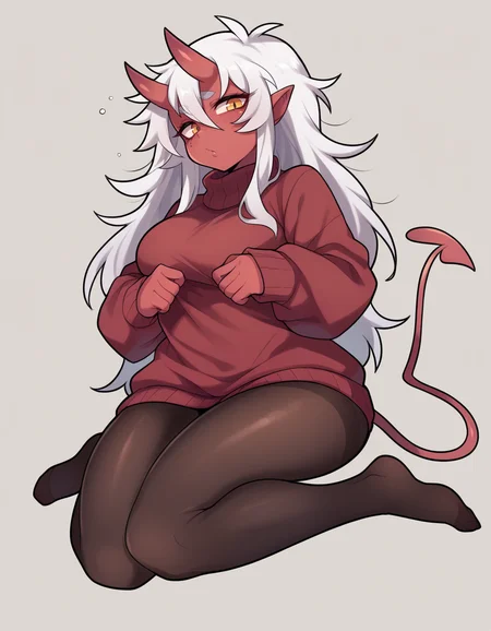 zPDXL, score_9, score_8_up, score_7_up, score_6_up, score_5_up, score_4_up, 1girl, solo,
<lora:bagelbomb:0.8> bglbmb, red skin, demon girl, oni horns, demon tail, white hair, freckles, long hair, sweater dress, pantyhose, no shoes, messy hair,
