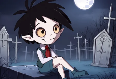 1boy, solo, 1boy, solo focus, Oskar, pale skin, Black Hair, Pointed Ears, Fangs, red necktie, vest, shorts, small smile, sitting a in graveyard, full moon, light fog