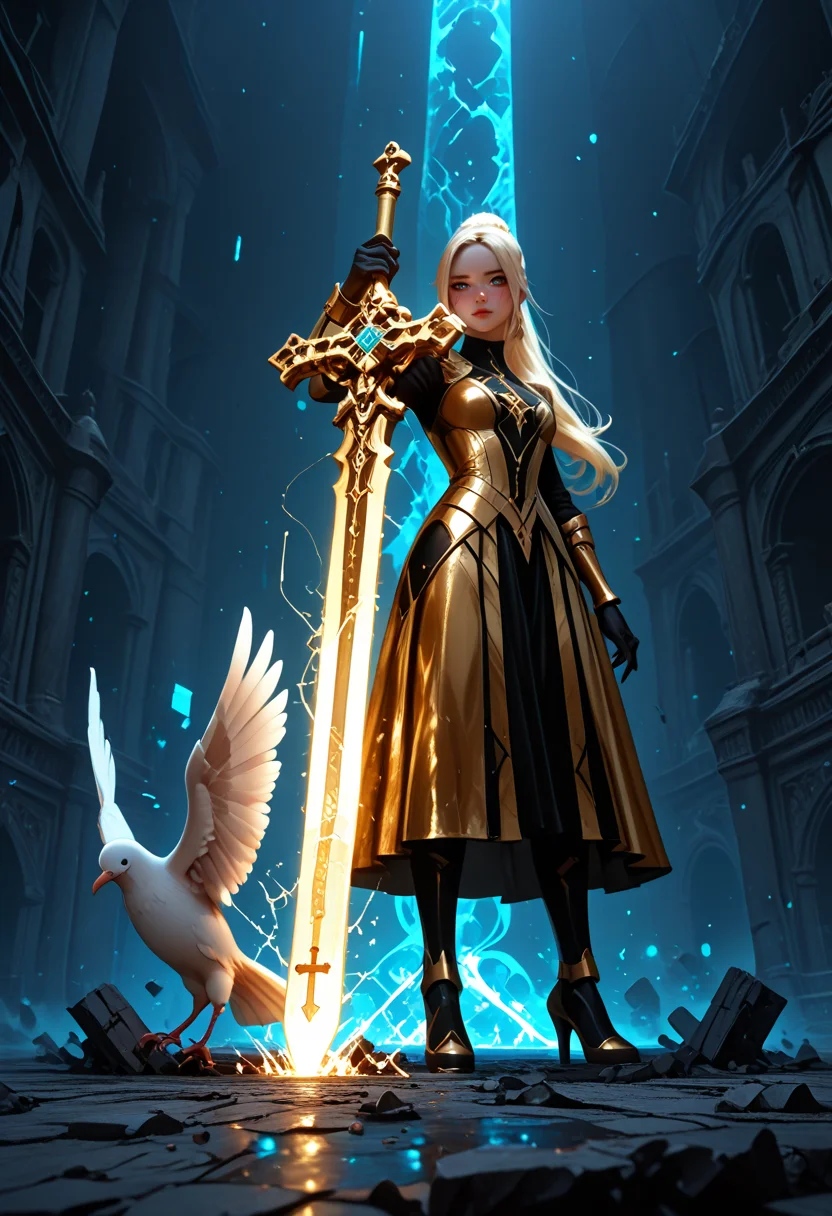 masterpiece, best quality, good quality, very awa, very aesthetic, absurdres, perfect artwork, 1girl, giant crucifix sword focus, combat pose, ((dynamic pose)), Evil rococo woman, wearing a golden and white Regency dress, long blond dove ponytail, (wielding a giant crucifix sword), (the giant crucifix sword as blue and golden mystical holy energy), rococo style, long blond pony tail, hyper stylize, trending on art station , hkstyle, diagonal shot, background particle glass destruction spiral all around, .Break., sureal impossible background (Kux lumino, Hypercadavericomnihuman,),(Suprarcadilicious),mark,film grain, midnight, high definition, superimposition, unreal, abstract, stuff of dream, light creature, impossible structure, blur, impossible geometry, film grain, , solarpunk dreamscape, best quality masterpiece, dynamic angle,phantasmagorical,psychodronojodonoster, moonkey, Anoncondability, Omnipowerfulimpertinent elemental, CyberSpelunking