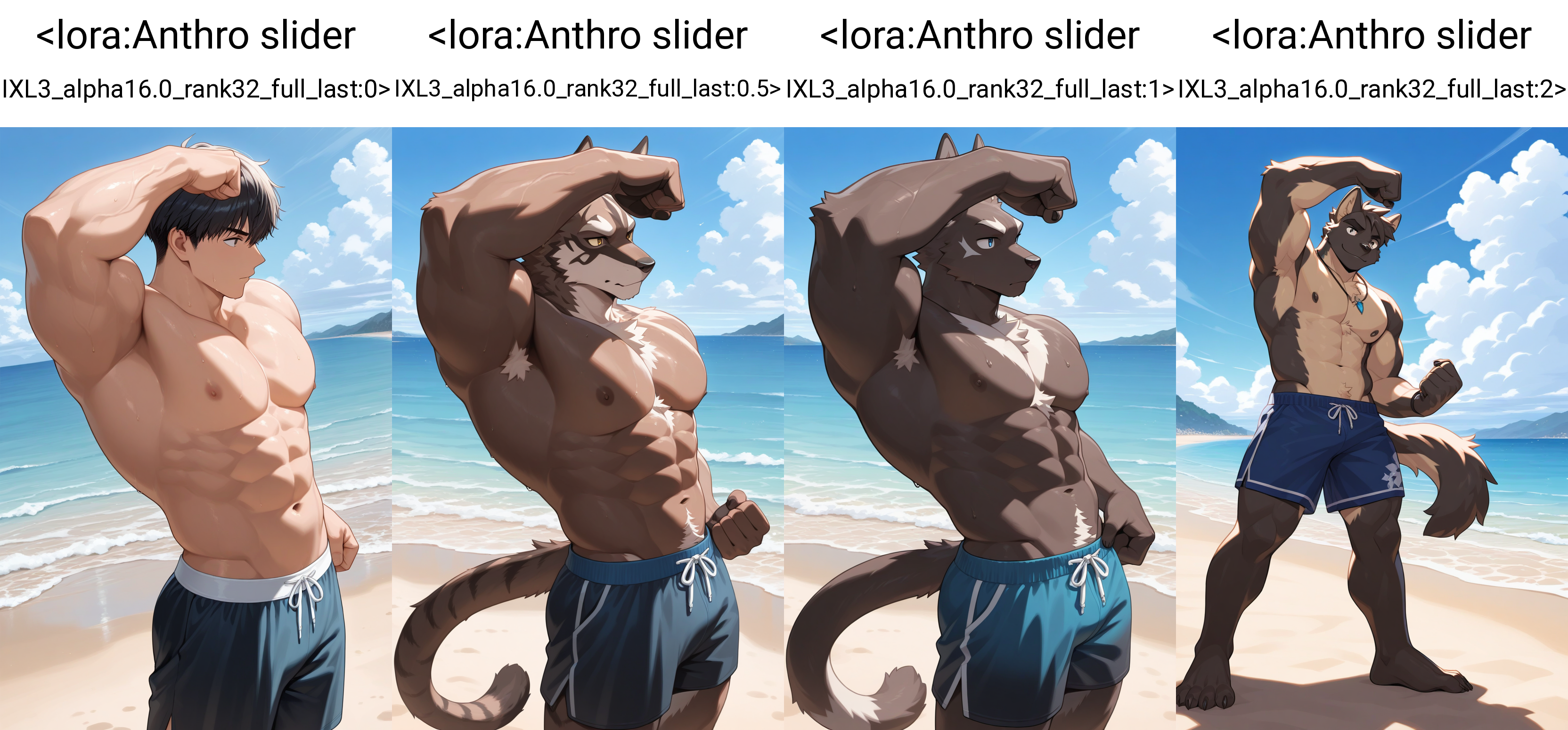 masterpiece, best quality,  1boy, standing, outdoors, beach, swim trunks, flexing, solo,   <lora:Anthro slider IXL3_alpha16.0_rank32_full_last:0>