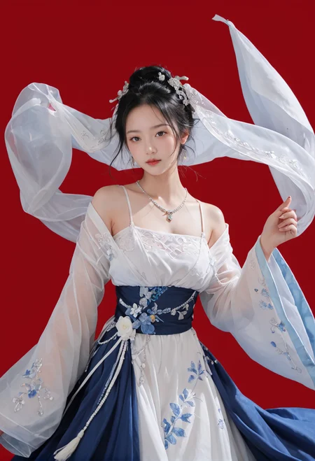 red background,1girl,solo,dancing,,ruanyi0759,blue dress,hanfu,jewelry,veil,off shoulder,wide sleeves,white dress,<lora:0759 Yingluo blue Hanfu_v1_pony:1>, score_9,score_8_up,score_7_up,,8k,1girl,solo,