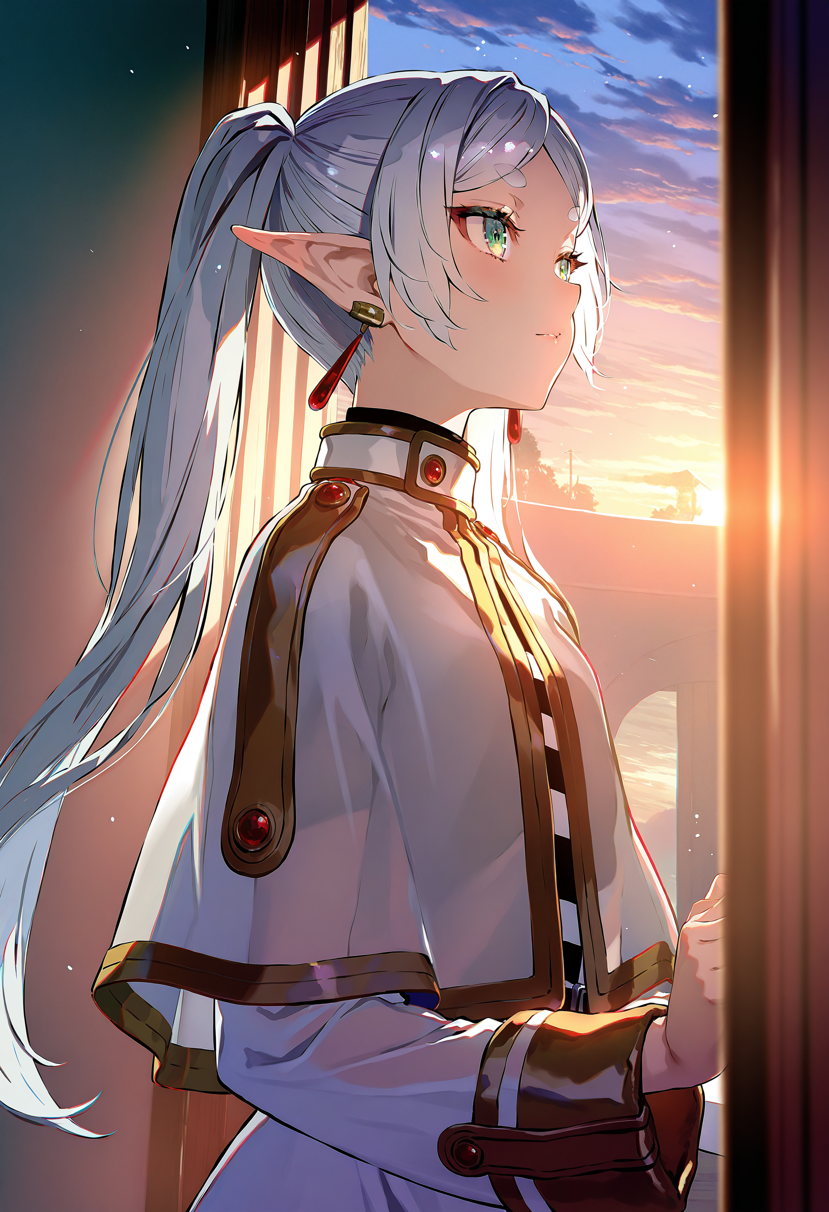 by happoubi jin, by fuzichoco, by lam, by kinta \(distortion\),
frieren, 1girl, solo, jewelry, pointy ears, earrings, elf, capelet, green eyes, twintails, light particles, white capelet, long hair, long sleeves, 
, indoors, window shade, split theme, sunset, see-through, dark,
masterpiece, best quality, very aesthetic, absurdres
<lora:illustrious_quality_modifiers_masterpieces_v1:1>
<lora:illustrious_noobai_epsilon_pred_1_best_quality_v1:1>
