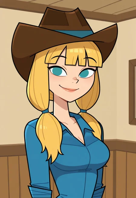 masterpiece,best quality,amazing quality, 1girl, Solo, Ashley_DC_IL, fair skin, shoulder-length hair, blonde hair, twin tails, straight bangs, teal eyes, brown cowgirl hat, blue shirt, lips, looking at viewer, indoors, room background, (portrait) smile, standing, (no pupils)