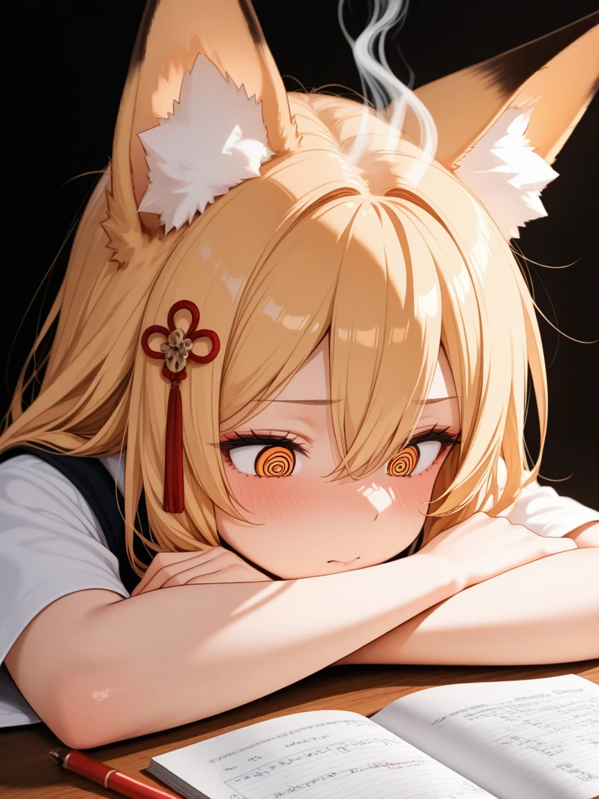 <lora:touching_grass_v0.2>1girl,fox girl,fox ears,blonde hair,long hair,hair between eyes,hair ornament,head steam,upper body,@_@,sitting,doing homework,black background,math,masterpiece,