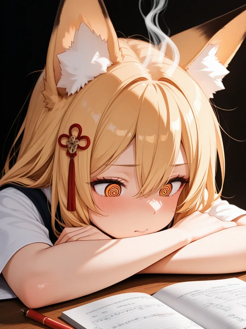 <lora:touching_grass_v0.2>1girl,fox girl,fox ears,blonde hair,long hair,hair between eyes,hair ornament,head steam,upper body,@_@,sitting,doing homework,black background,math,masterpiece,