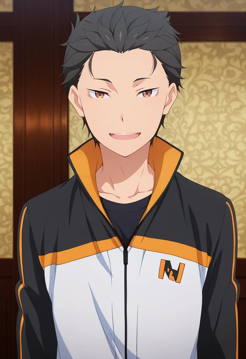 masterpiece, best quality, intricate details, anime screencap, anime coloring, official style, looking at viewer, 1boy, solo, male focus, <lora:subaru_natsuki_ilxl:0.92>, subaru_natsuki, black hair, brown eyes, short hair, natsuki subaru, hair slicked back, track jacket, rule of thirds, great wall of china, indoors, singing, half-closed eyes, smile,