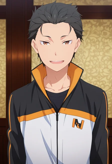 masterpiece, best quality, intricate details, anime screencap, anime coloring, official style, looking at viewer, 1boy, solo, male focus, <lora:subaru_natsuki_ilxl:0.92>, subaru_natsuki, black hair, brown eyes, short hair, natsuki subaru, hair slicked back, track jacket, rule of thirds, great wall of china, indoors, singing, half-closed eyes, smile,