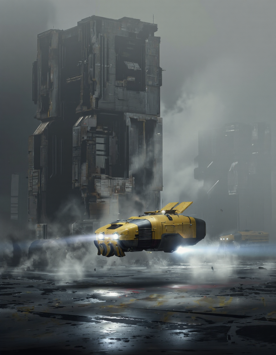 QuantumZ. A futuristic, sci-fi scene from a low angle, depicting a large, yellow, suspended vehicle hovering over a vast, crumbling cityscape. the scene is set in a post-apocalyptic wasteland, with tall, imposing structures and a foggy atmosphere. the sky is filled with dark, ominous clouds, and the ground is littered with debris. the foreground is dominated by a single vehicle, suspended in mid-air, with its headlights shining brightly. the vehicle appears to be a futuristic, autonomous vehicle, with a sleek, streamlined design and a distinct yellow color scheme. it is positioned in the center of the image, with the larger structure on the left and the smaller ones on the right, creating a sense of depth and dimensionality. the overall mood is ominous and foreboding, with shadows and light emanating from the vehicle and the surrounding structures, adding to the sense of tension and destruction.