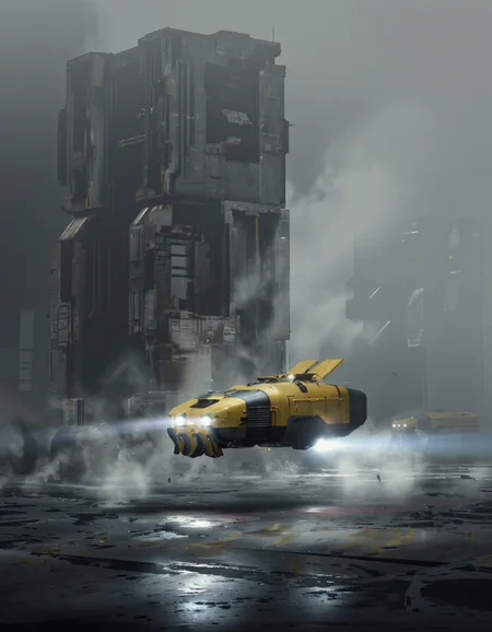 QuantumZ. A futuristic, sci-fi scene from a low angle, depicting a large, yellow, suspended vehicle hovering over a vast, crumbling cityscape. the scene is set in a post-apocalyptic wasteland, with tall, imposing structures and a foggy atmosphere. the sky is filled with dark, ominous clouds, and the ground is littered with debris. the foreground is dominated by a single vehicle, suspended in mid-air, with its headlights shining brightly. the vehicle appears to be a futuristic, autonomous vehicle, with a sleek, streamlined design and a distinct yellow color scheme. it is positioned in the center of the image, with the larger structure on the left and the smaller ones on the right, creating a sense of depth and dimensionality. the overall mood is ominous and foreboding, with shadows and light emanating from the vehicle and the surrounding structures, adding to the sense of tension and destruction.