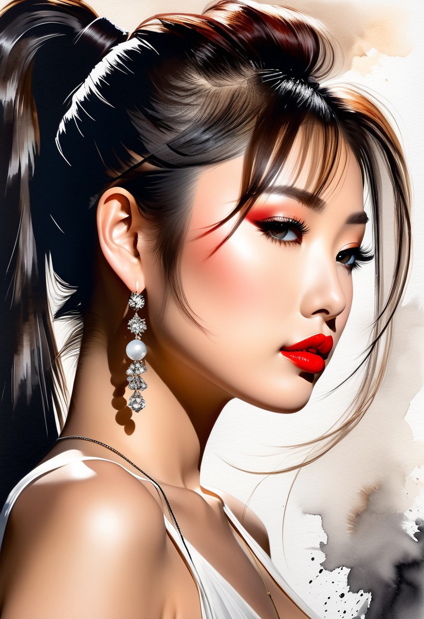 Magnificent abstract watercolor image in the style of a cinematic movie poster; ultra-crisp lines and high photorealism; low-angle, off-center view from below and the side, capturing a stunning 18 year old Japanese woman with large breasts and with a high ponytail, sultry red lips, smoky dark eyeshadow, and flawless porcelain skin; wearing a thin, loose camisole and a frayed denim shorts; adorned with layered heavy necklaces and long dangling earrings; dramatic, directional lighting casting expressive shadows; abstract, flowing background with vibrant watercolor textures; sensual and seductive atmosphere with a tasteful erotic allure; artistic, moody, and visually striking composition