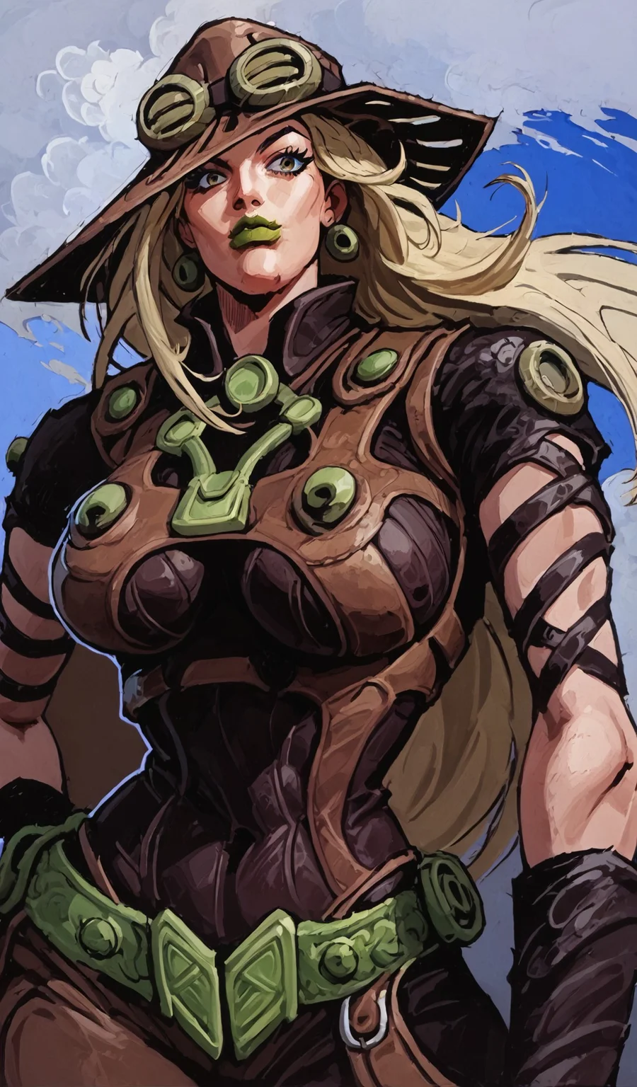 marvelconcept, score_9, score_8_up, score_7_up, portrait of Gyro, 1girl, MYLF, milf, mature female by Hirohiko Araki, looking to the viewer, showing her jawline, muscular body, bare shoulder, bare back, ((dark purple high cut leotard, back harness, large cleavage sagging teardrop breasts, underboob)), areola slip, brown leather straps, belt with green buckle, black arm straps, hat with goggles, blonde hair, green lips, big lips, high cheekbones, confident eyes, wide hip, groin, hip skin, ((cowboy chaps without crotch, Thigh Cut Out, waist Cut Out, front view)) BREAK thick lineart, cel-shading depicted in a dynamic pose with a cel-shading style. The character features bold outlines and distinct, flat color regions with no gradient mesh, maintaining separate color blocks, crossing hatching shading, half tone. Open-Impressionism, blue sky and cloudy background, marvelrivals BREAK A female character is depicted in an acrobatic pose, bending forward with her legs spread apart. She is balancing on the balls of her feet while leaning her upper body down. Her 2 hands is reaching behind her back, Her head is tilted sideways, and she is looking directly ahead with a confident expression. Her long hair flows down, and she appears to be in mid-motion, showcasing her flexibility and agility. The overall pose emphasizes dynamic movement and balance.