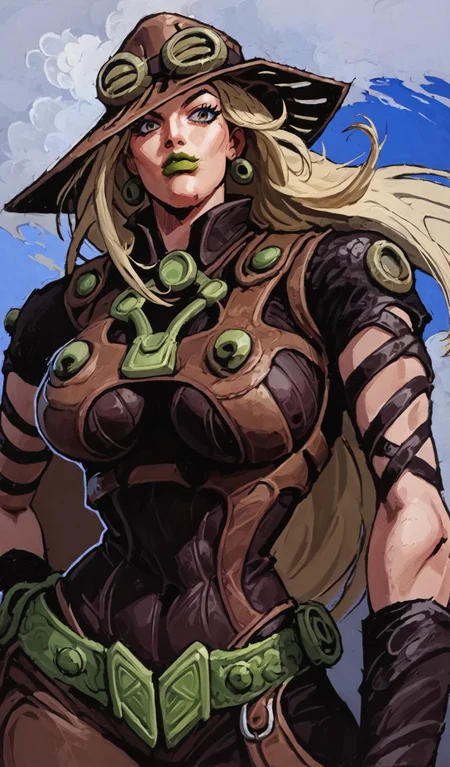 marvelconcept, score_9, score_8_up, score_7_up, portrait of Gyro, 1girl, MYLF, milf, mature female by Hirohiko Araki, looking to the viewer, showing her jawline, muscular body, bare shoulder, bare back, ((dark purple high cut leotard, back harness, large cleavage sagging teardrop breasts, underboob)), areola slip, brown leather straps, belt with green buckle, black arm straps, hat with goggles, blonde hair, green lips, big lips, high cheekbones, confident eyes, wide hip, groin, hip skin, ((cowboy chaps without crotch, Thigh Cut Out, waist  Cut Out, front view)) BREAK thick lineart, cel-shading depicted in a dynamic pose with a cel-shading style. The character features bold outlines and distinct, flat color regions with no gradient mesh, maintaining separate color blocks, crossing hatching shading, half tone. Open-Impressionism, blue sky and cloudy background, marvelrivals BREAK A female character is depicted in an acrobatic pose, bending forward with her legs spread apart. She is balancing on the balls of her feet while leaning her upper body down. Her 2 hands is reaching behind her back, Her head is tilted sideways, and she is looking directly ahead with a confident expression. Her long hair flows down, and she appears to be in mid-motion, showcasing her flexibility and agility. The overall pose emphasizes dynamic movement and balance.
