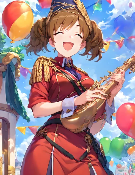 <lora:pony_xl_akari:0.9>,akari,score_9,score_8_up,score_7_up,source_anime,best quality,masterpiece,super fine illustration,1girl,solo,brown hair,shako cap,band uniform,red clothes,epaulettes,wrist cuffs,red skirt,outdoors,smile,laughing,holding,instrument,saks,balloon,