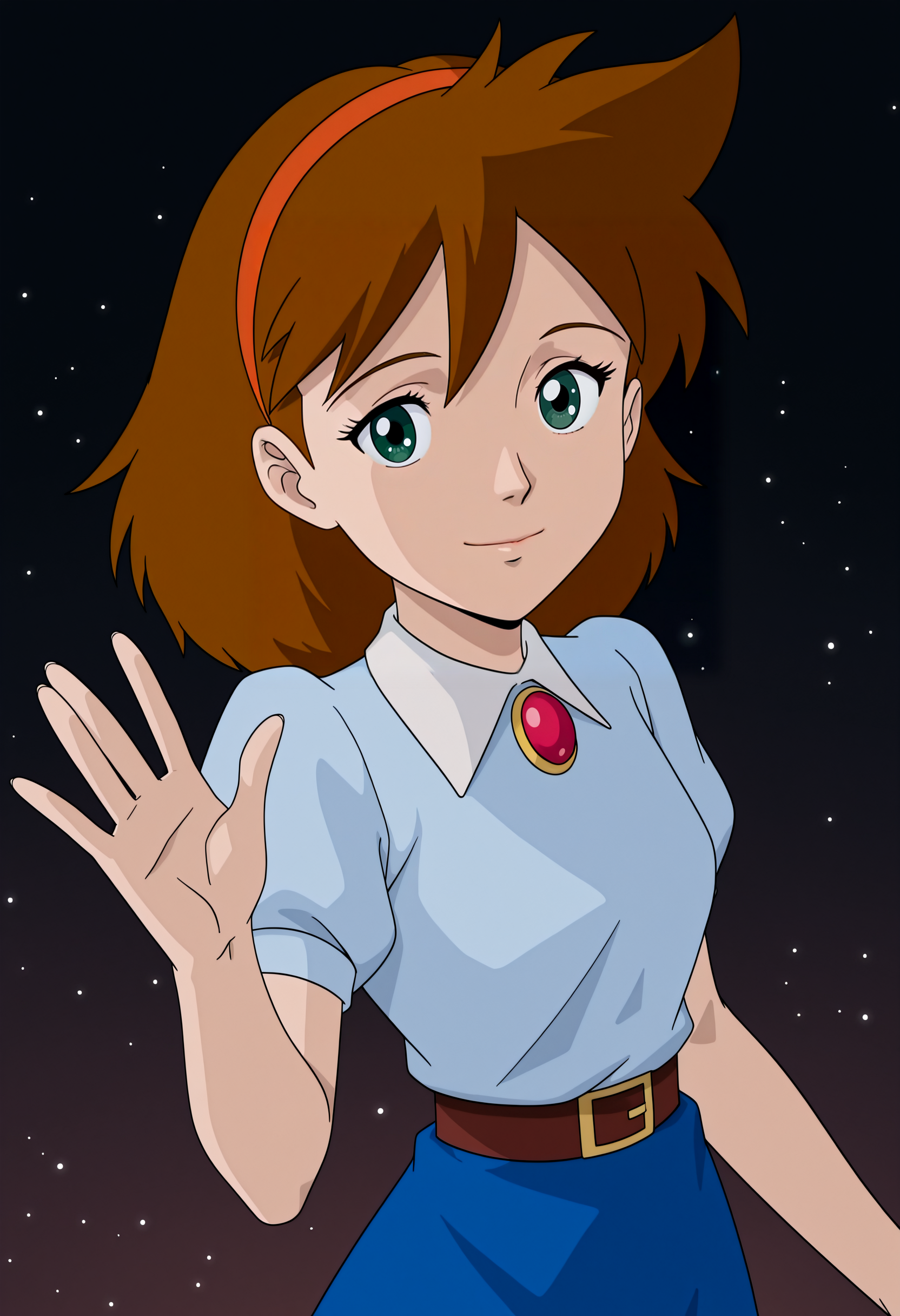 <lora:Gradient_Background:1> Gr_Back, Gradient Background, dark background,(upper body:1.4),female focus, magic light particles, waving at viewer, close up, high detail face,
1girl,solo,Jane_Buxton3,Brown hair,Hairband,green eyes,light cyan shirt,blue dress,belt,blue skirt,long skirt,
<lora:Jen_Deep:1>, both light smile,