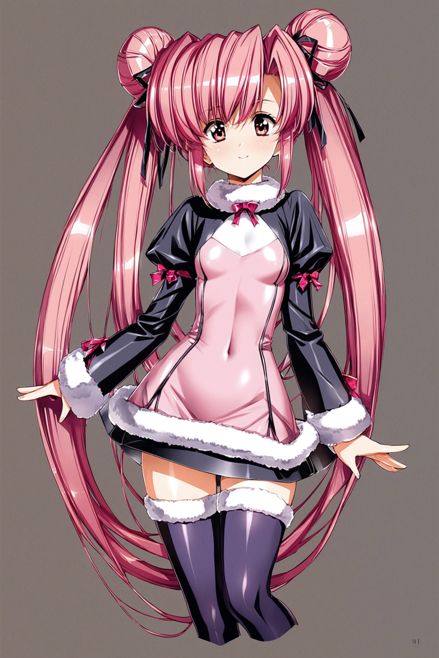 1girl,solo,pink hair,long hair,twintails,thighhighs,hair bun,double bun,covered navel,long sleeves,very long hair,ribbon,fur trim,hair ribbon,smile,<lora:Urushihara Satoshi_XL_V2:0.8>,