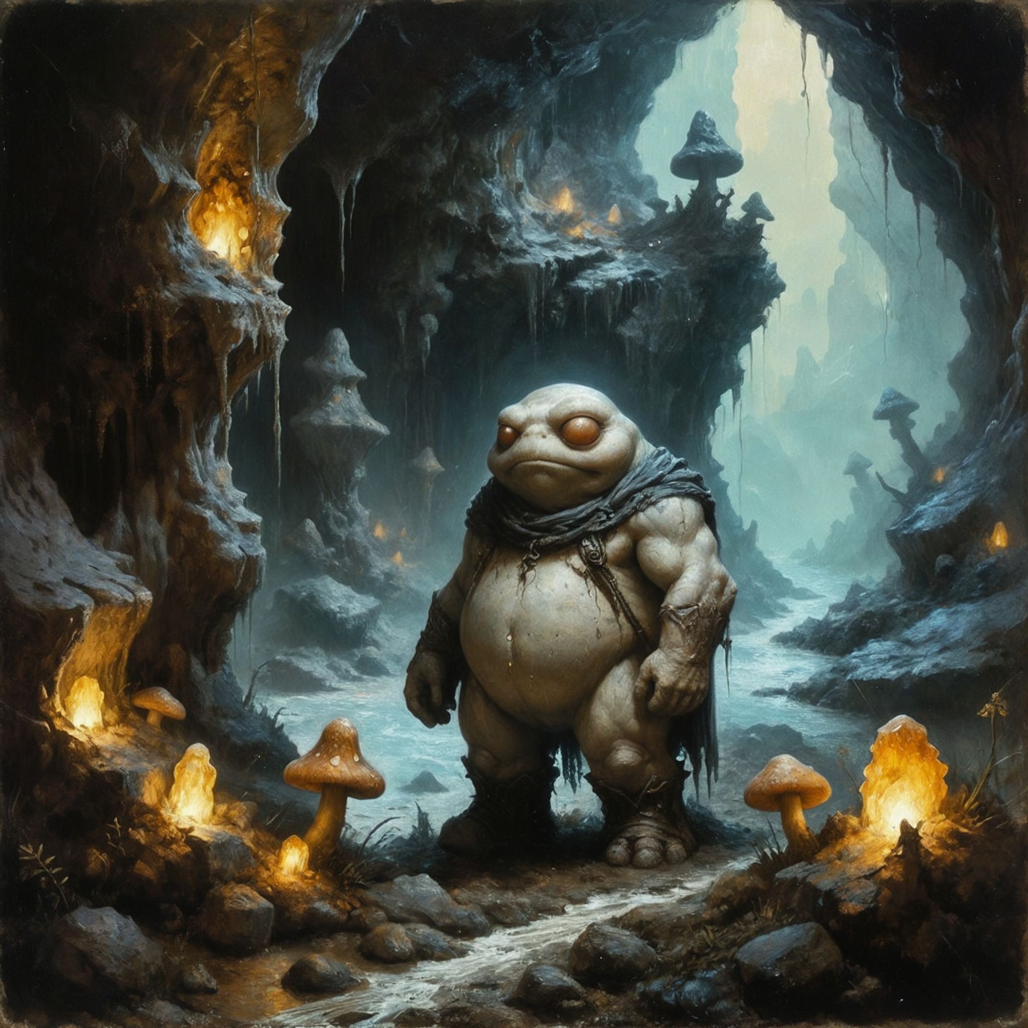 An intricate details, detailed realisti texture, best quality art by (petrus van schendel) (Hans Larwin) and (dorian cleavenger),  (luis royo), a bulky [clay golem], grumpy, cracked, moist clay, glowing eyes, underground cavern, muddy ground, underdark, glowing mushrooms, colorful [crystals] infused in rocky cavern walls, water dripping from stalactites <lora:Kodak Motion Picture Film Style v4:1> <lora:add_detail:0.8> <lora:aesthetic:0.8> <lora:LaxpeintXL-2.0:0.5> <lora:extremely_detailed:0.5> <lora:Desolation:0.3>